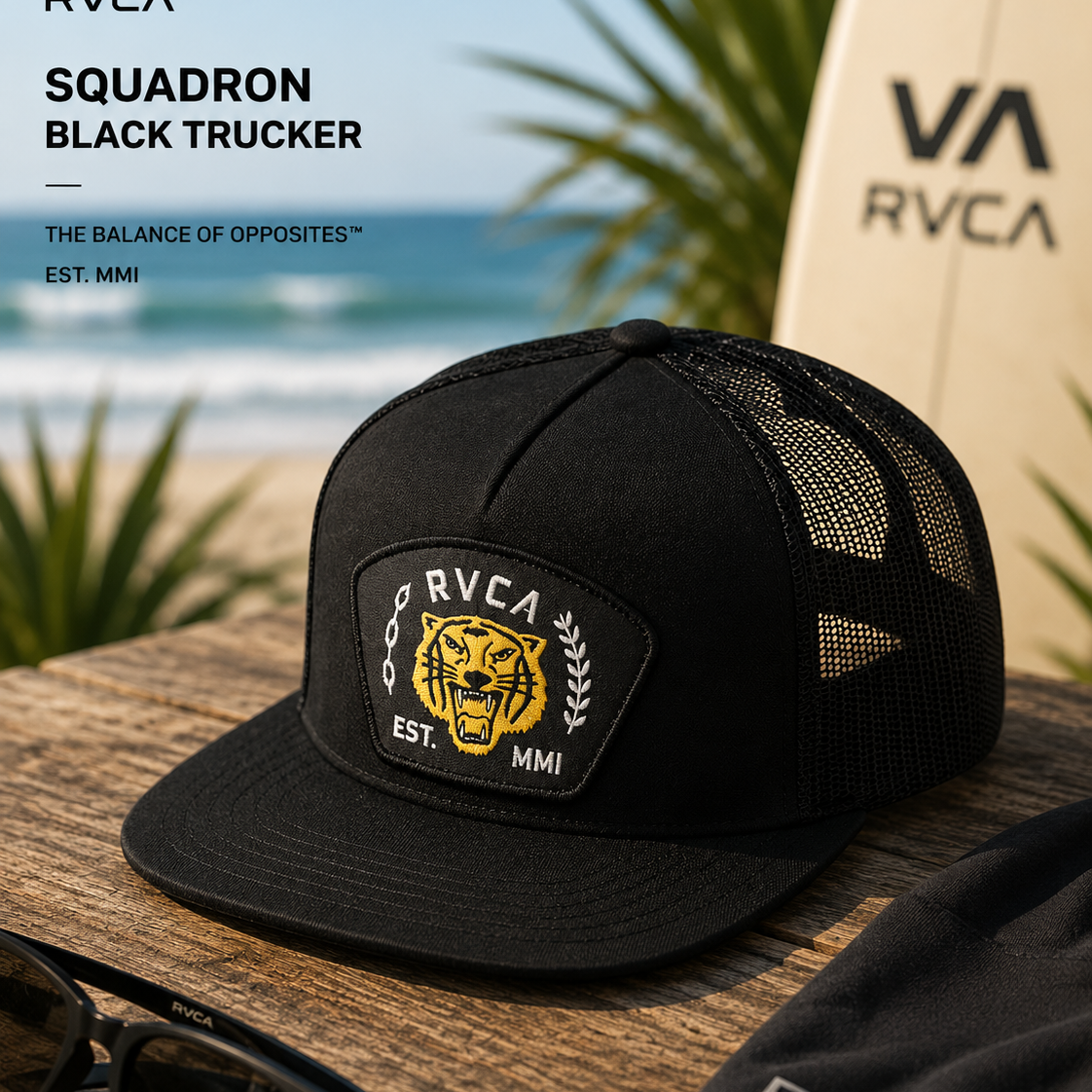 Gorra Rvca Squadron Black Trucker lifestyle surf premium trucker negra