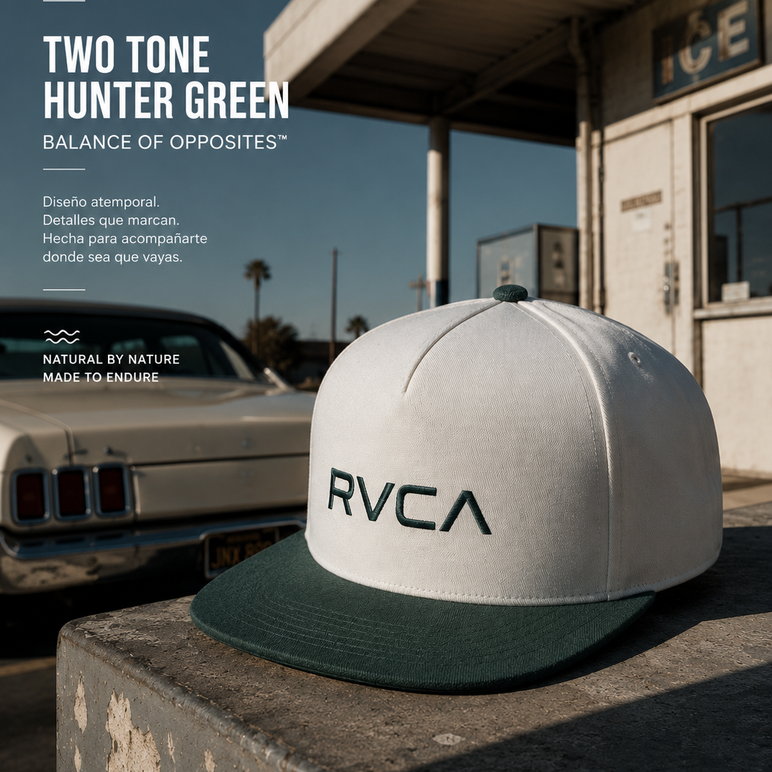Gorra Rvca Two Tone Hunter Green editorial lifestyle premium snapback