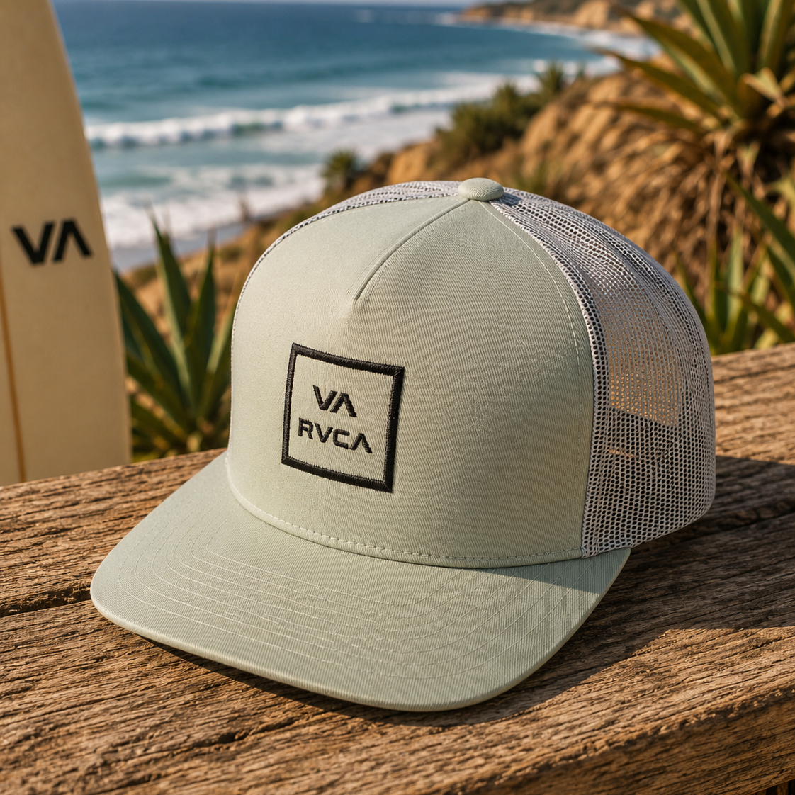 Gorra RVCA VA All The Way verde claro estilo surf lifestyle sobre mesa de madera frente al mar