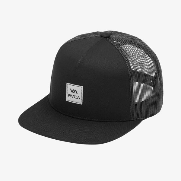 Gorra RVCA VA ATW Black II negra trucker unisex con visera plana, malla trasera y cierre snapback ajustable.