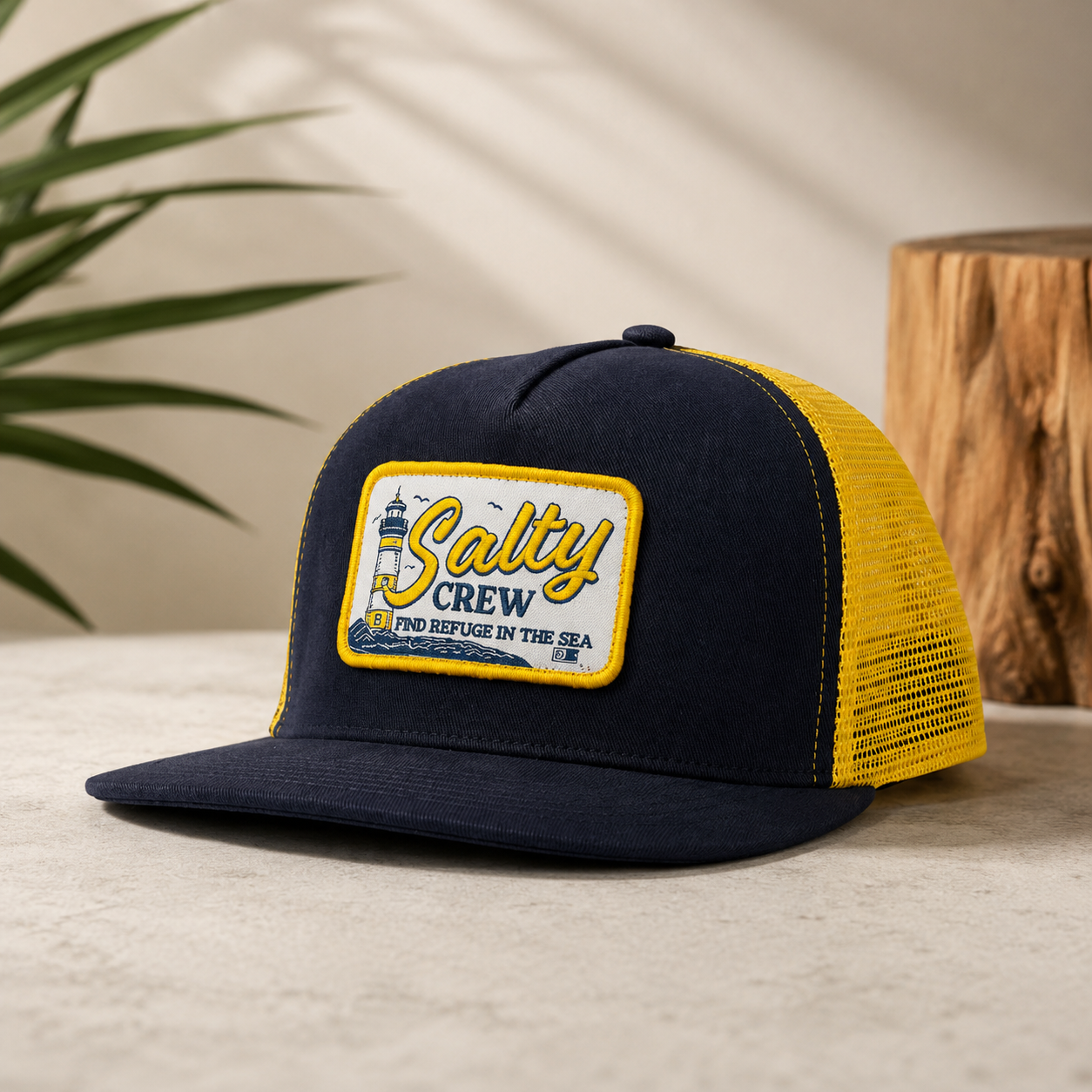 Gorra Salty Crew Ashore Trucker Navy Gold en entorno lifestyle premium con inspiración surf y estilo Costa del Sol