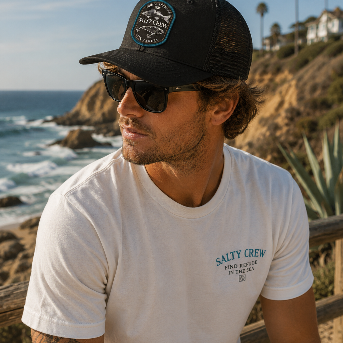 Gorra Salty Crew Baited Retro Trucker Black en ambiente surf lifestyle junto al mar con estilo Costa del Sol y beach vibes premium