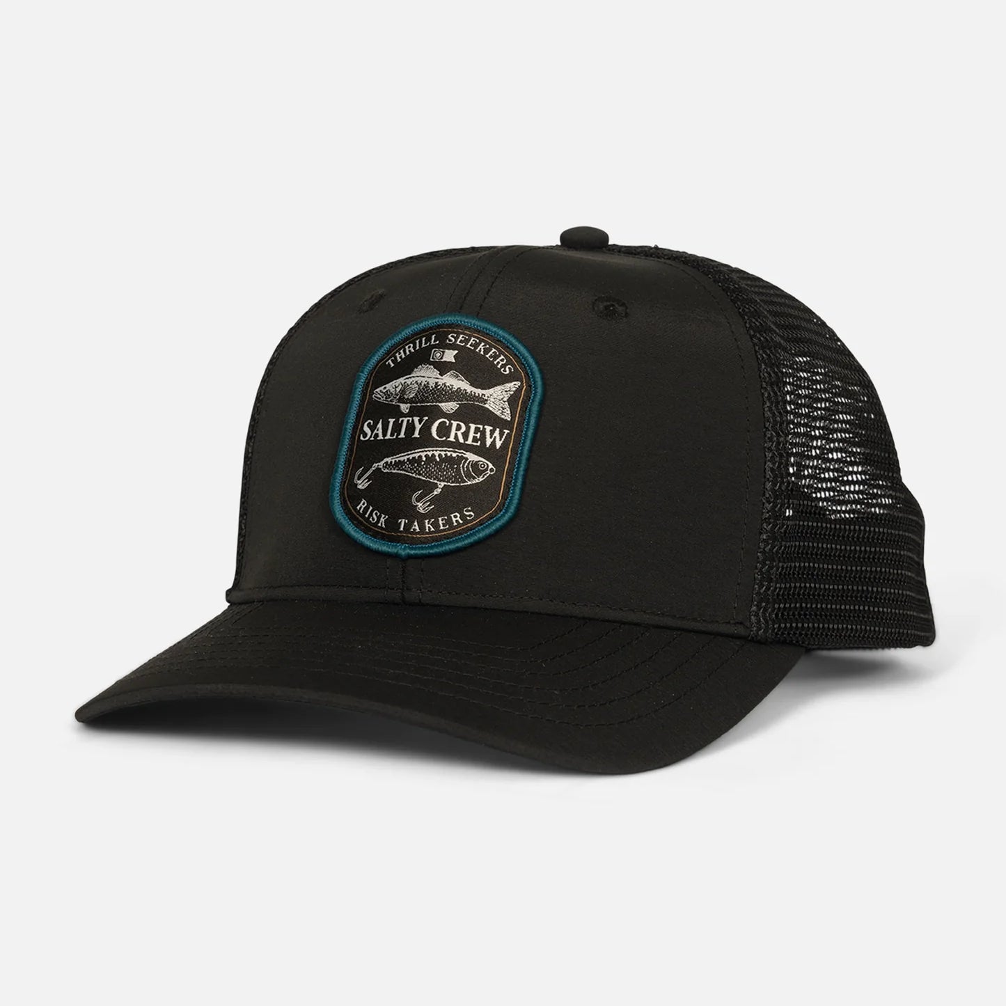 Gorra Salty Crew Baited Retro Trucker Black negra con parche frontal y rejilla trasera
