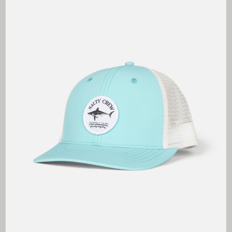Gorra Salty Crew Bruce Trucker Turquoise con panel frontal turquesa, visera curva y rejilla trasera transpirable para estilo surf y playa