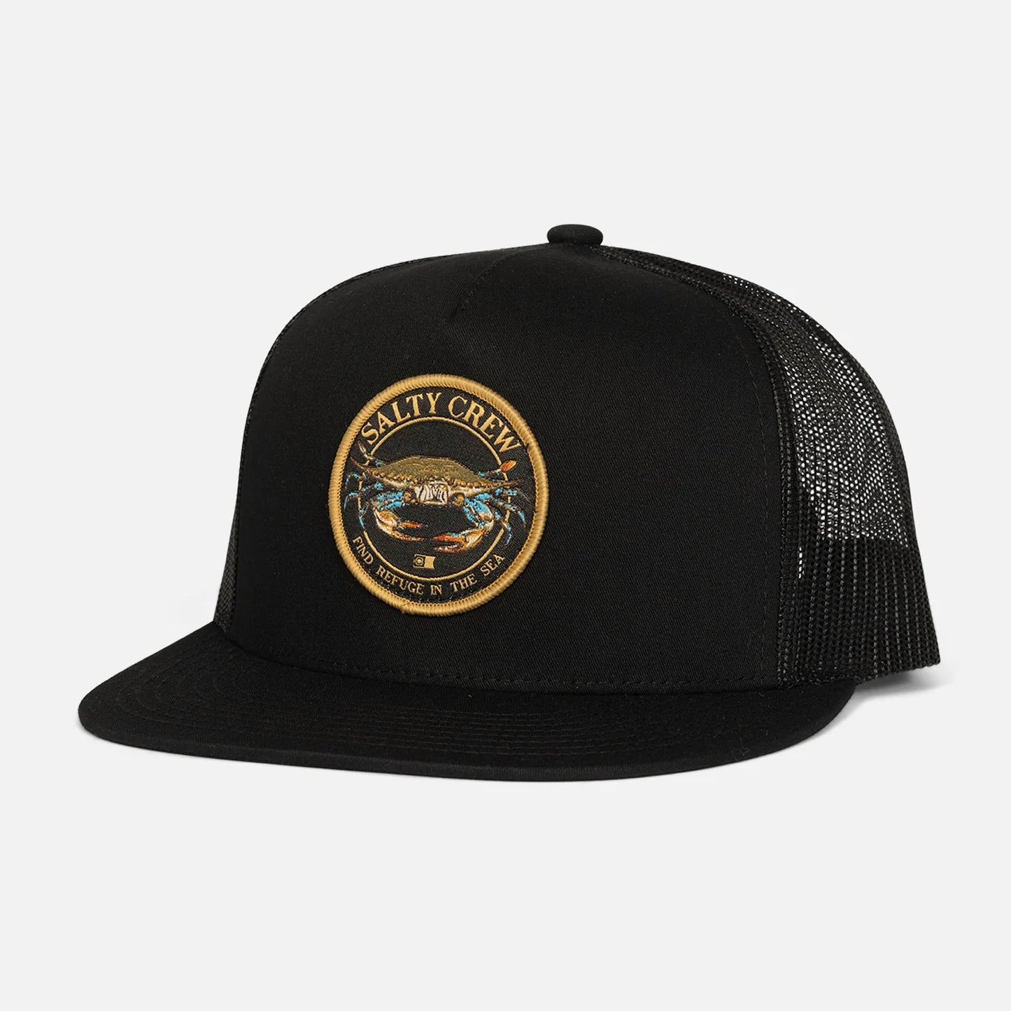 Gorra Salty Crew Jimmy Trucker Black negra con parche frontal circular y rejilla trasera
