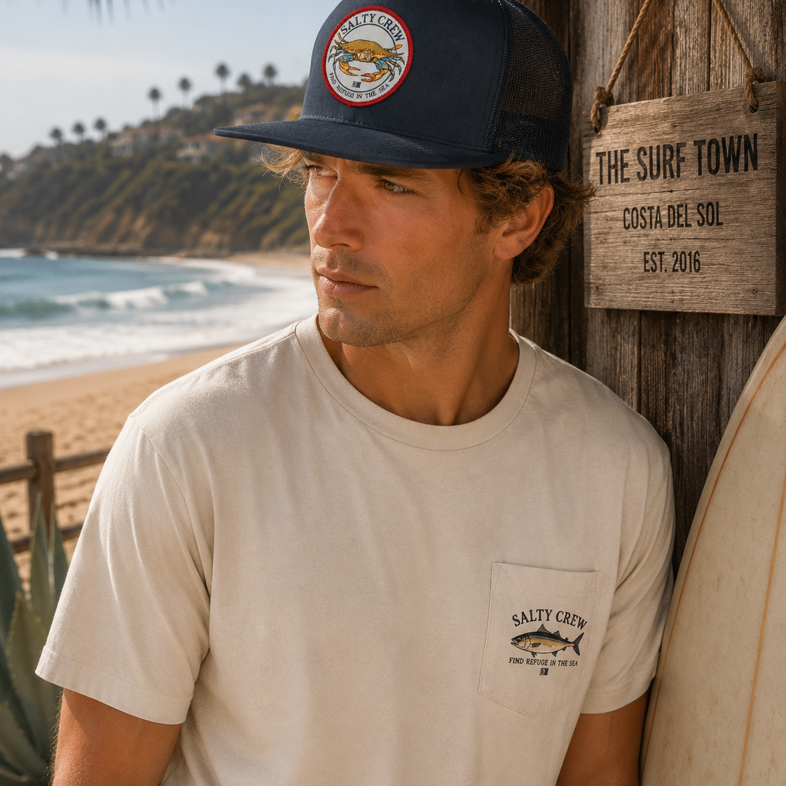 Gorra Salty Crew Jimmy Trucker Navy en ambiente surf lifestyle junto a la playa con estilo Costa del Sol y beach vibes premium
