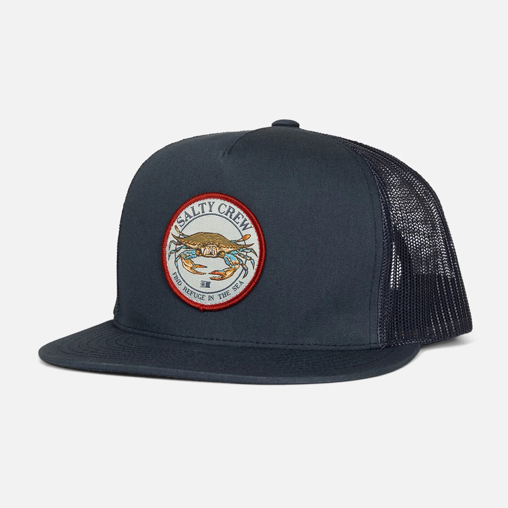 Gorra Salty Crew Jimmy Trucker Navy azul marino con parche frontal circular y rejilla trasera