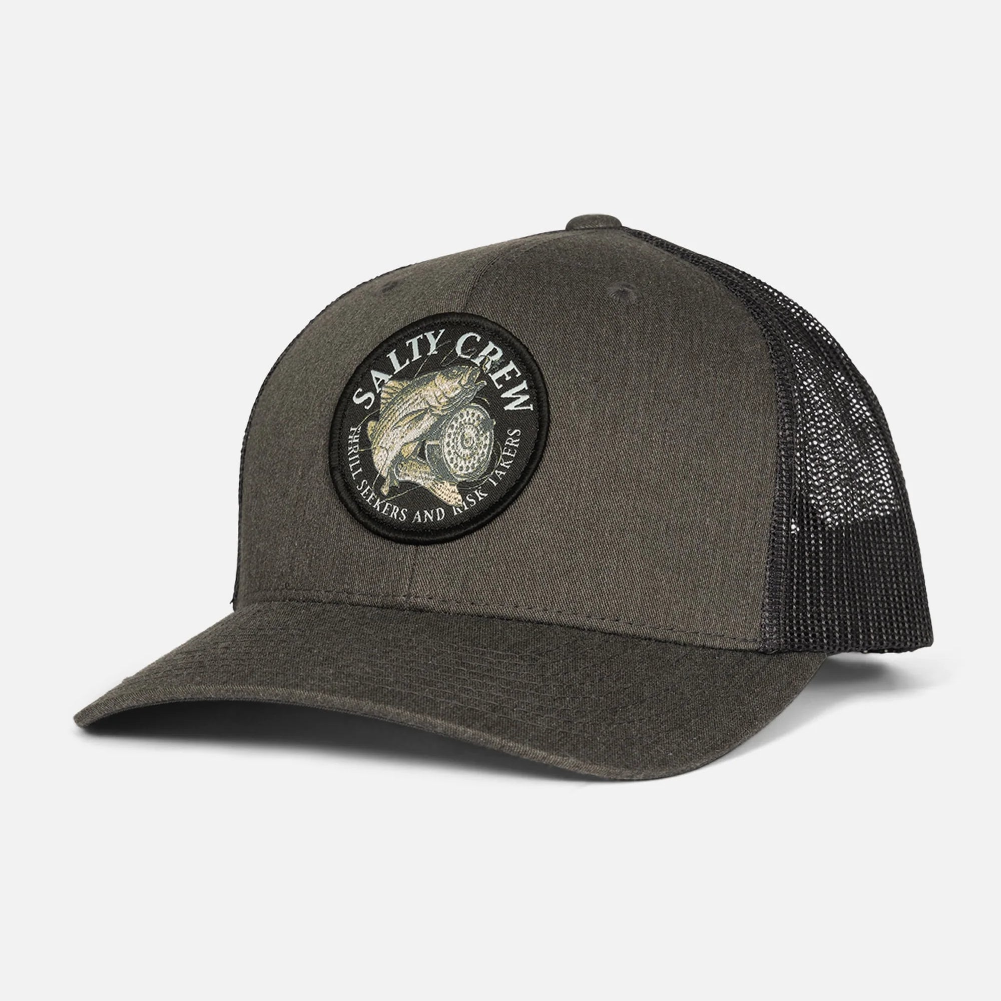 Gorra Salty Crew Reel Fly Retro Trucker Dark Heather Grey gris oscuro con parche frontal y rejilla trasera