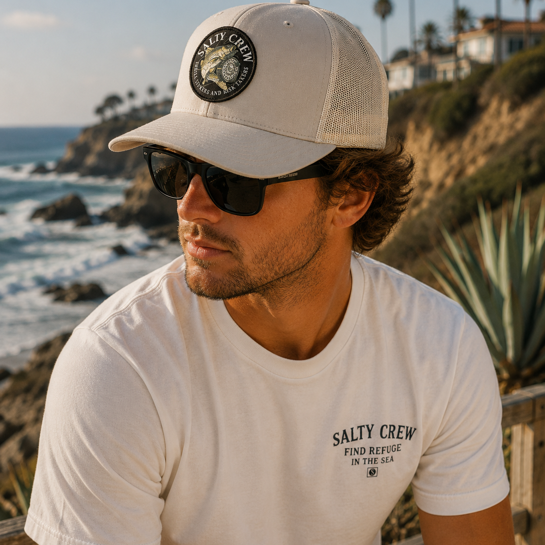 Gorra Salty Crew Reel Fly Retro Trucker Silver en ambiente surf lifestyle junto al mar con estilo Costa del Sol y beach vibes premium