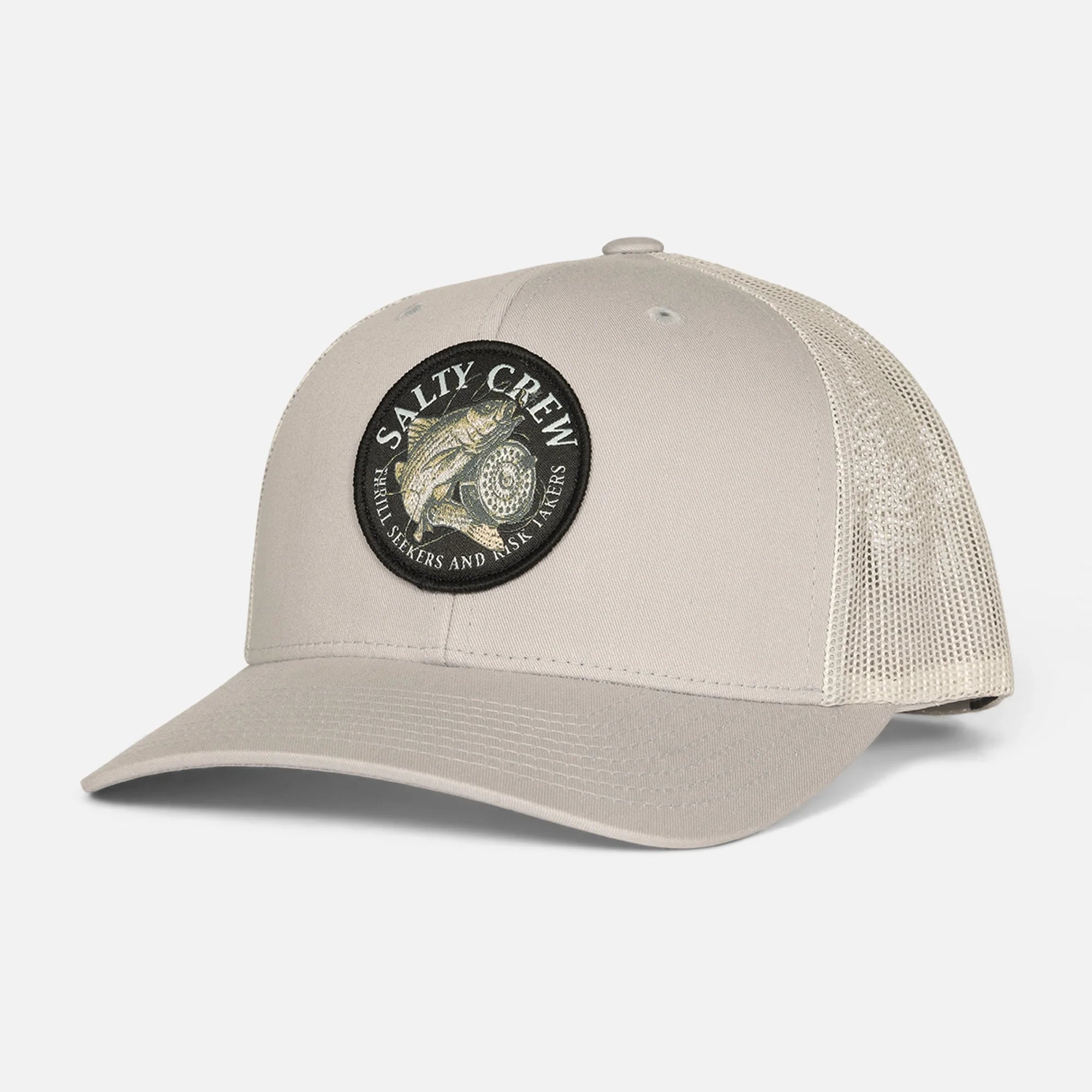 Gorra Salty Crew Reel Fly Retro Trucker Silver gris claro con parche frontal y rejilla transpirable
