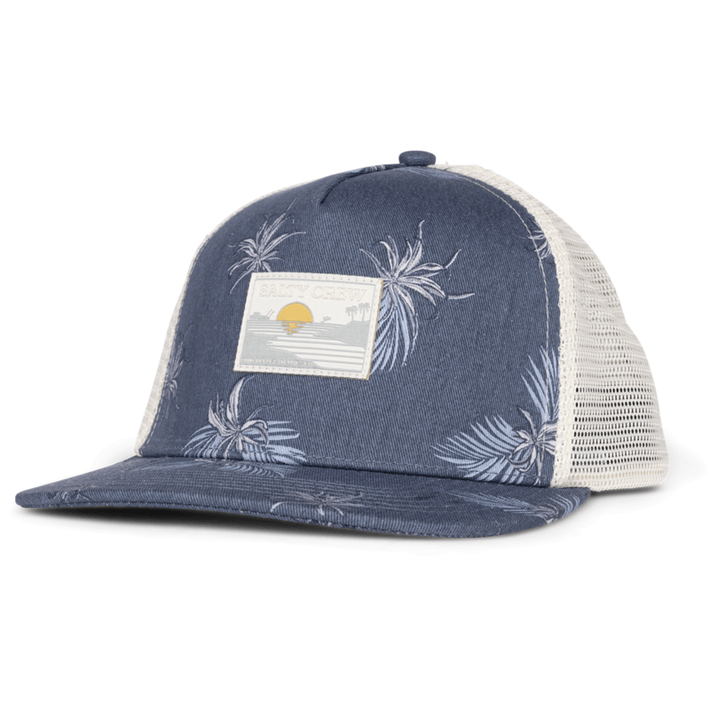 Gorra Salty Crew Reflection Trucker Bluefin con estampado tropical, visera plana y rejilla trasera transpirable para estilo surf