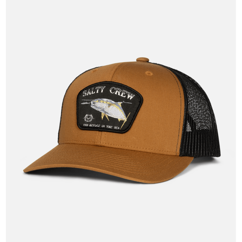 Gorra Salty Crew Surface Retro Trucker Camel Black con parche frontal, visera curva y rejilla trasera transpirable para estilo surf y outdoor