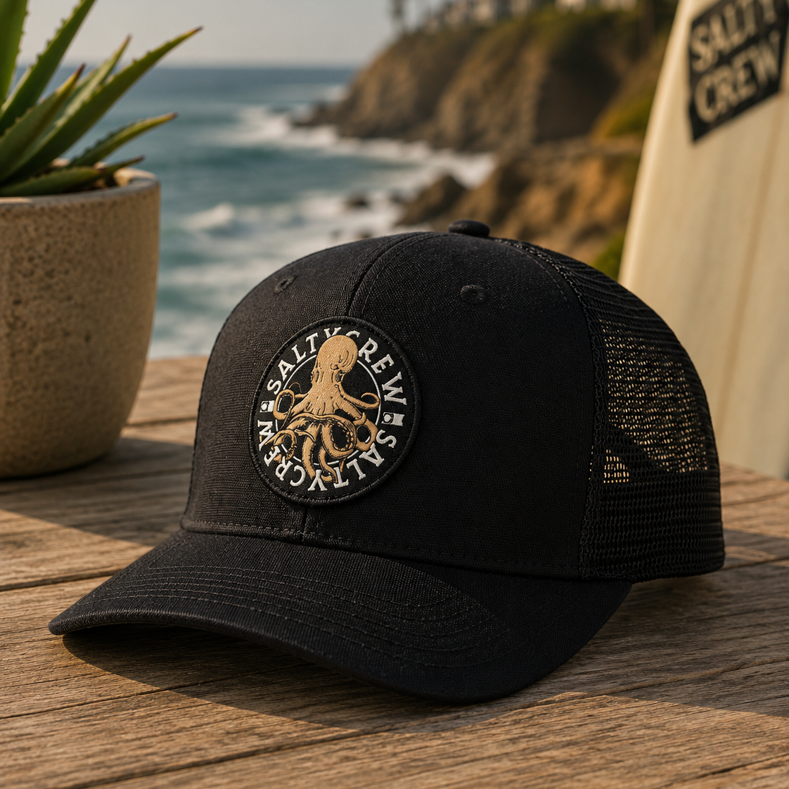 Gorra Salty Crew Tentacles Retro Trucker Black en entorno lifestyle premium con inspiración surf y ambiente Costa del Sol