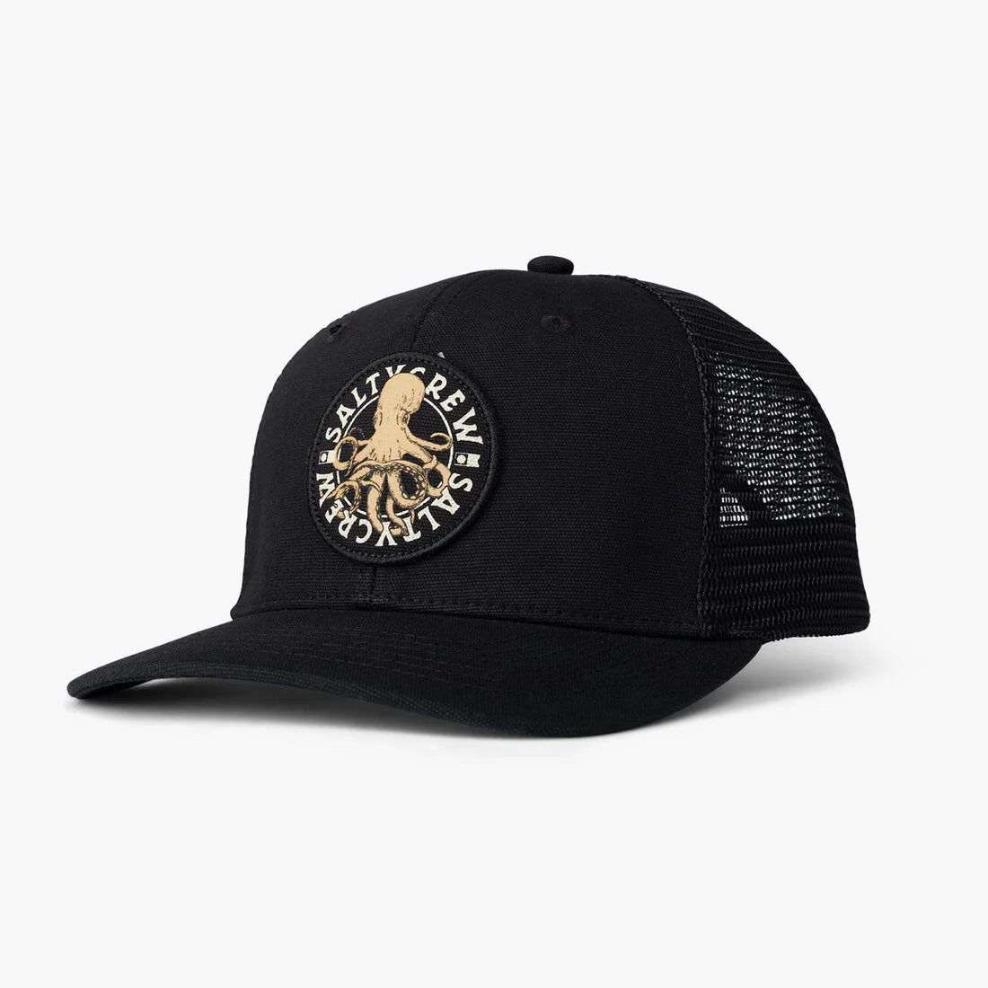 Gorra SALTY CREW Tentacles Retro Trucker Black negra con parche de pulpo estilo surf