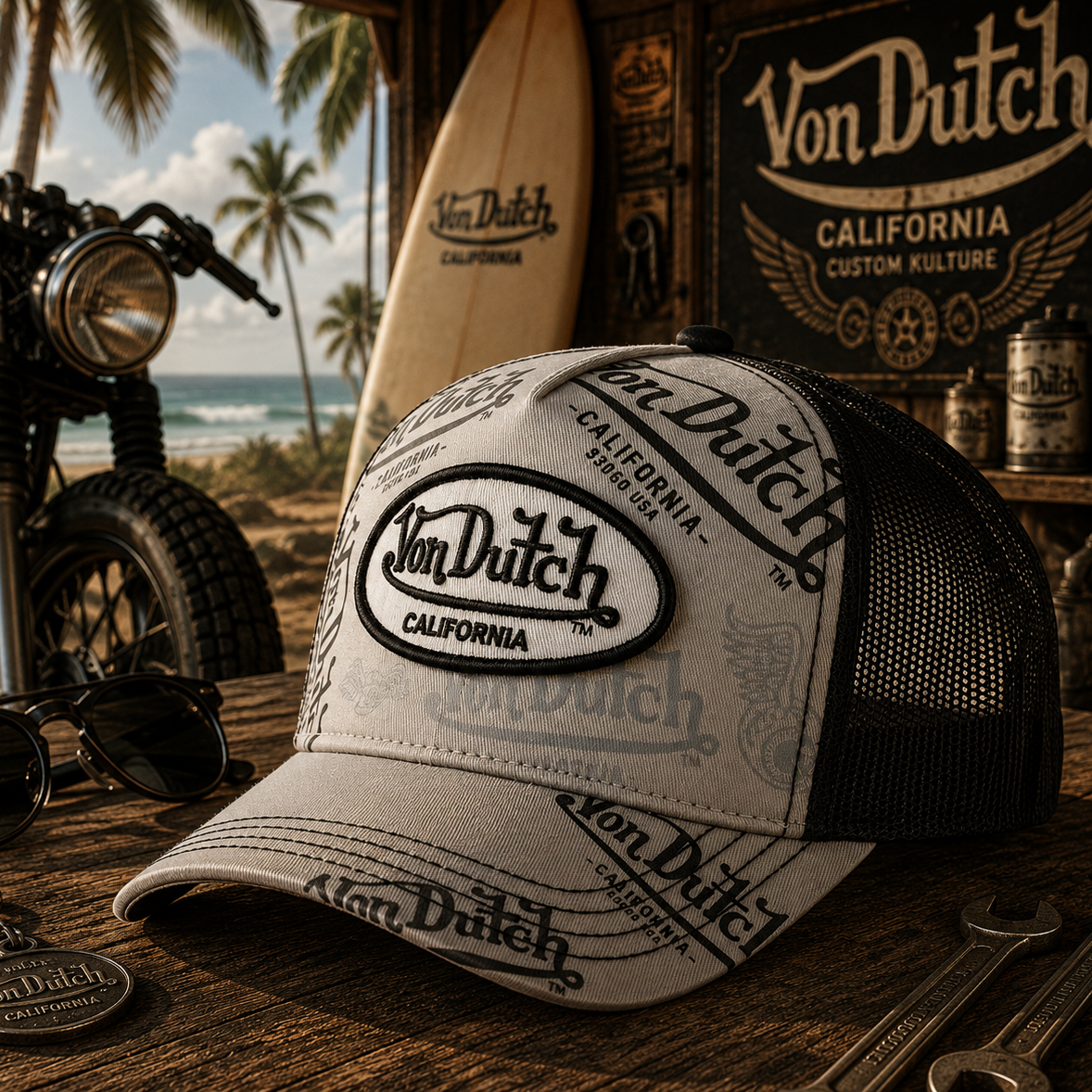 Gorra trucker gris y negra Cafe02 de Von Dutch con estilo motero surfero vintage premium
