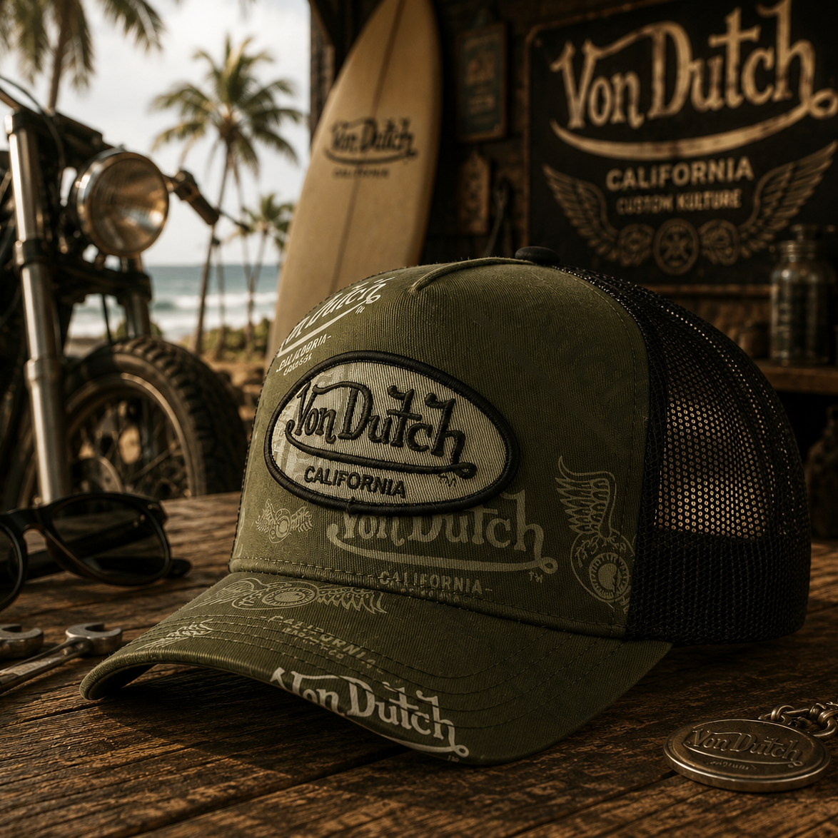 Gorra trucker verde y negra Cafe01 de Von Dutch con estilo motero surfero vintage premium