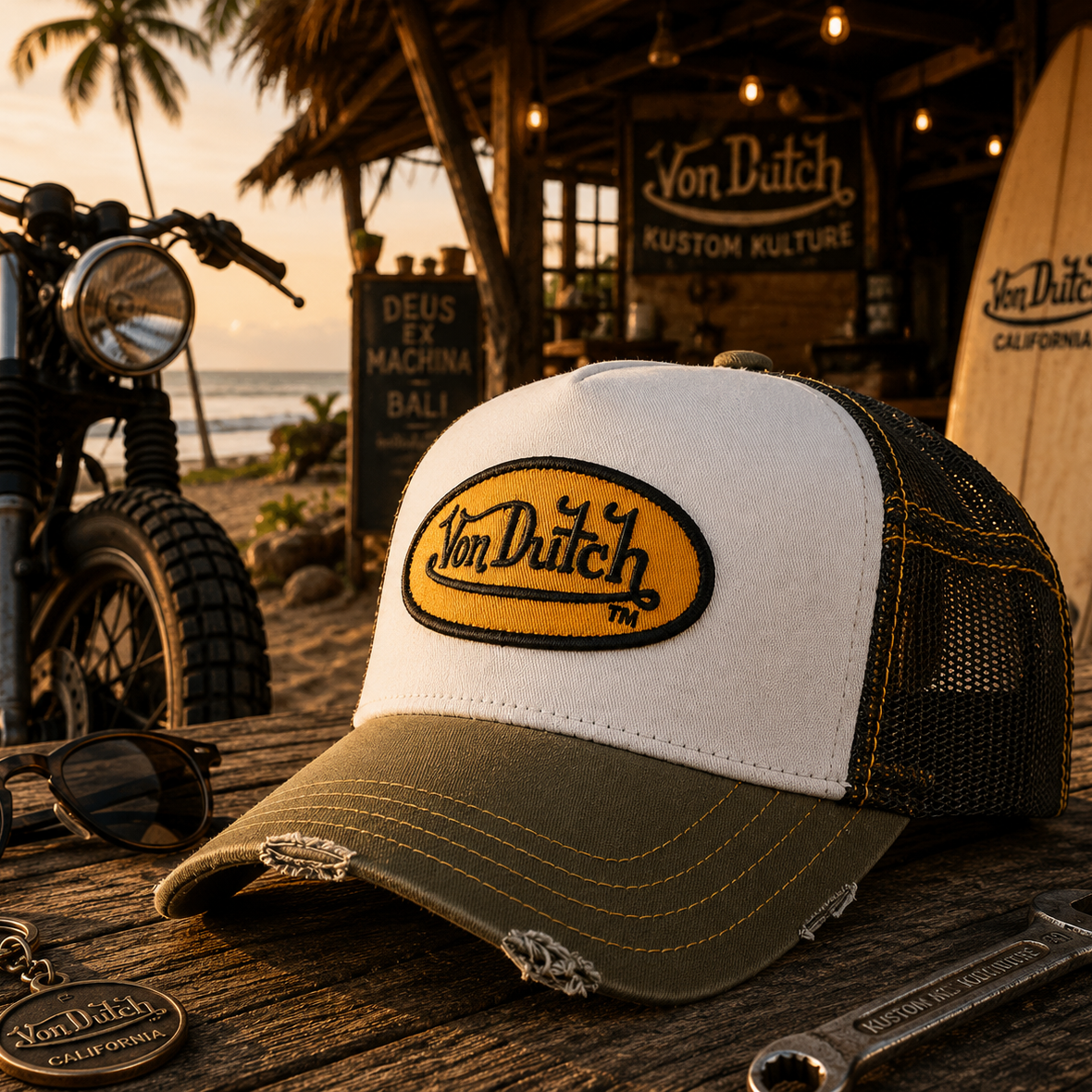 Gorra trucker Von Dutch blanca negra y verde en escenario surf motero Bali custom culture premium