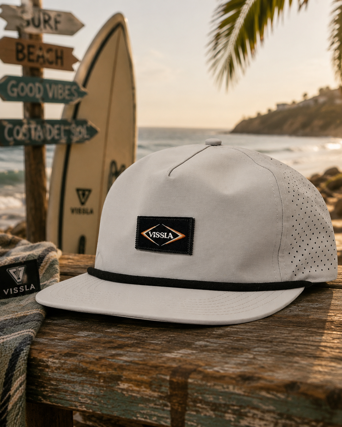 Gorra Vissla Lay Day Hybrid Trucker gris claro estilo surf lifestyle junto al mar