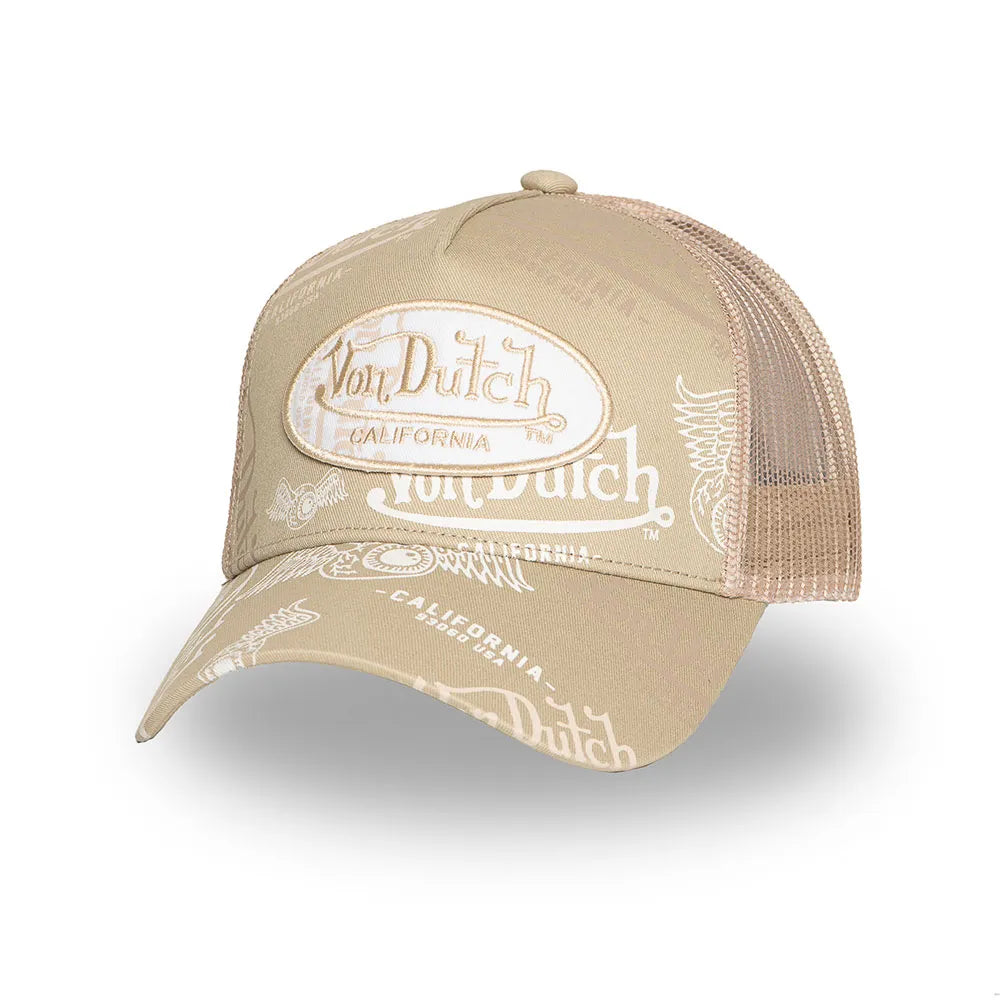 gorra von dutch de color crema con rejilla trasera y logos de la marca en la parte delantera
