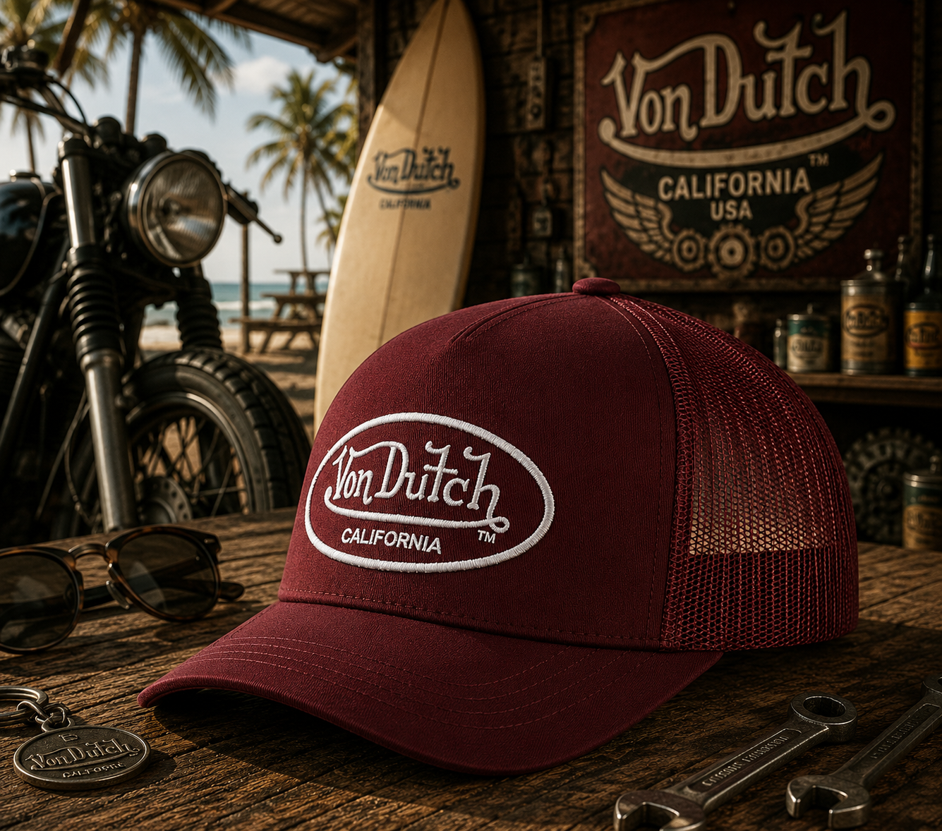 Gorra Von Dutch B11 II trucker burdeos con estilo motero surfero vintage premium