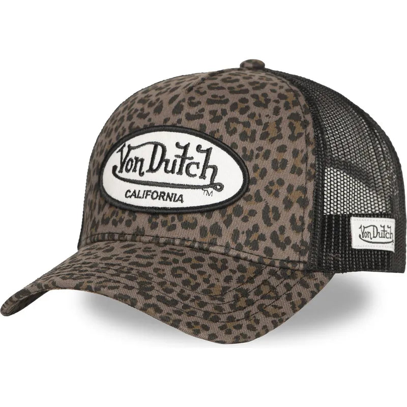 Gorra Von Dutch Black Leopard trucker con estampado leopardo oscuro, malla trasera y logo frontal bordado
