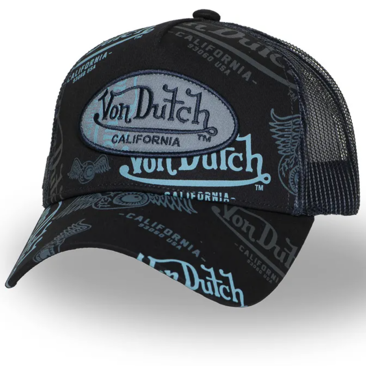 gorra von dutch cafe 06 de color negro con parche delantero y logos en tonos azules