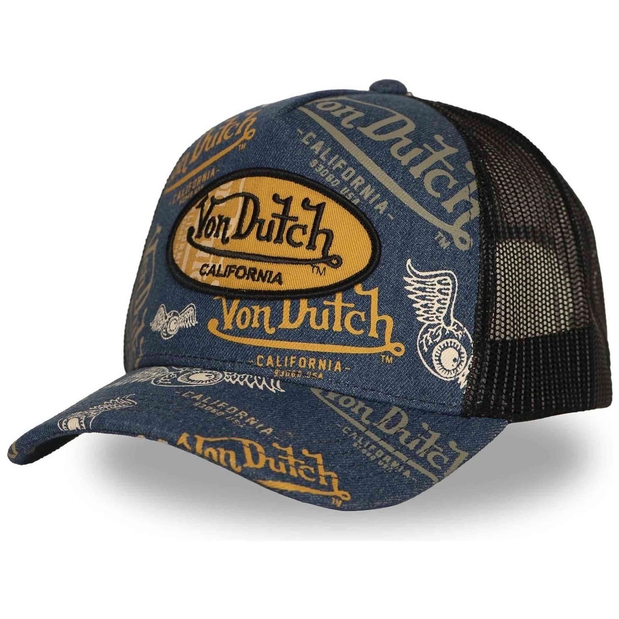 Gorra Von Dutch Cafe 08 trucker con estampado vintage en tonos oscuros y dorados, malla trasera y visera curva