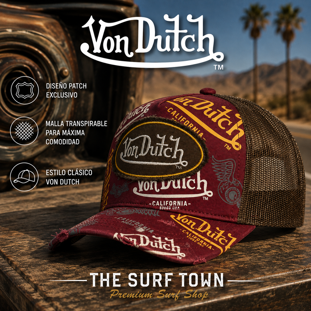 Gorra Von Dutch Cafe 13 burdeos estilo trucker - imagen editorial propia de THE SURF TOWN