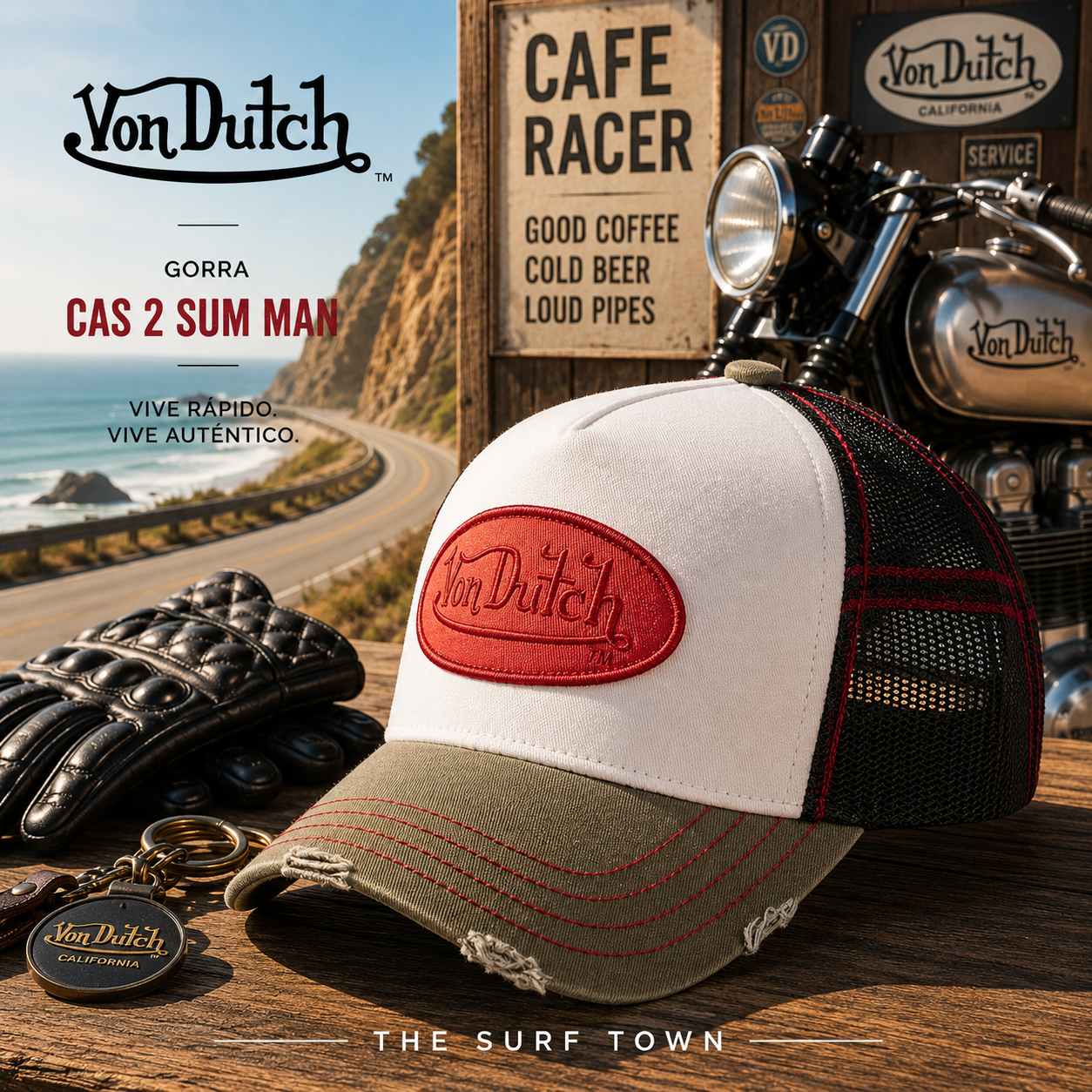Gorra Von Dutch CAS 2 SUM MAN en fotografía editorial propia de THE SURF TOWN en ambiente cafe racer junto a moto clásica y carretera costera, gorra trucker vintage estilo California road trip con inspiración motera americana.