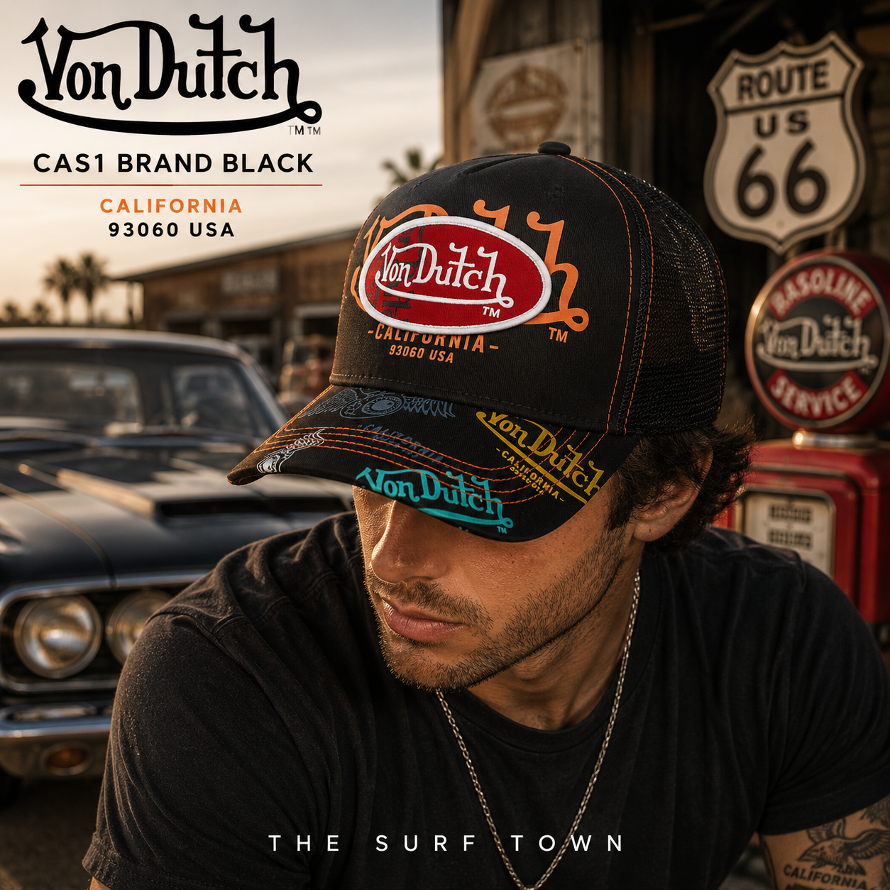 Gorra Von Dutch Cas1 Brand Black negra con logo ovalado rojo bordado y visera estampada multicolor en fotografía editorial propia de THE SURF TOWN inspirada en la cultura motera americana, Route 66 y el auténtico estilo trucker vintage de California.