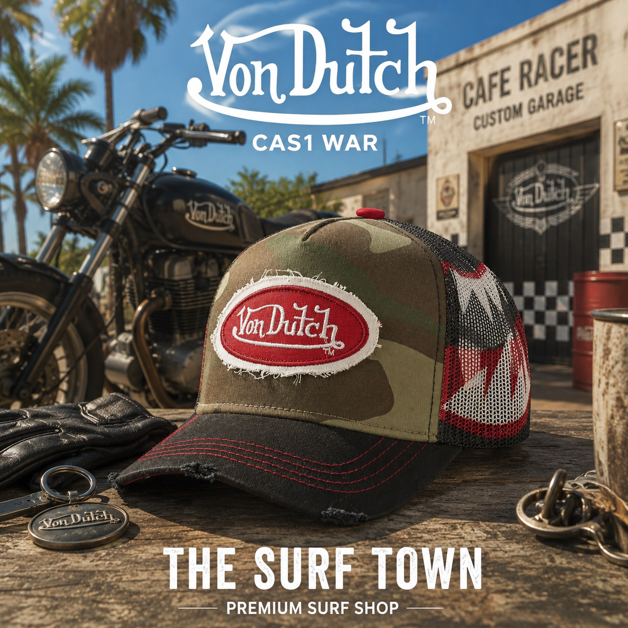 Gorra Von Dutch Cas1 War en una fotografía editorial exclusiva creada por THE SURF TOWN con estética café racer, moto custom y luz natural diurna, destacando el diseño camuflaje, el parche bordado Von Dutch y el estilo trucker premium.