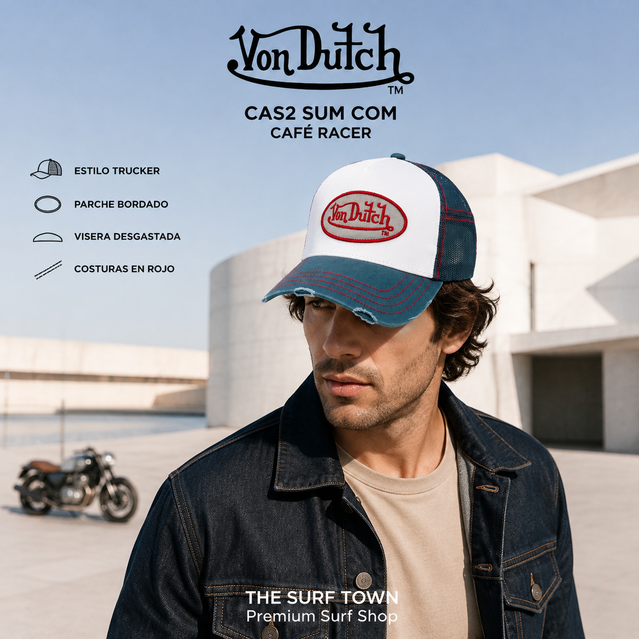 Hombre con Gorra Von Dutch Cas2 Sum Com en una imagen editorial propia de THE SURF TOWN con estética café racer.