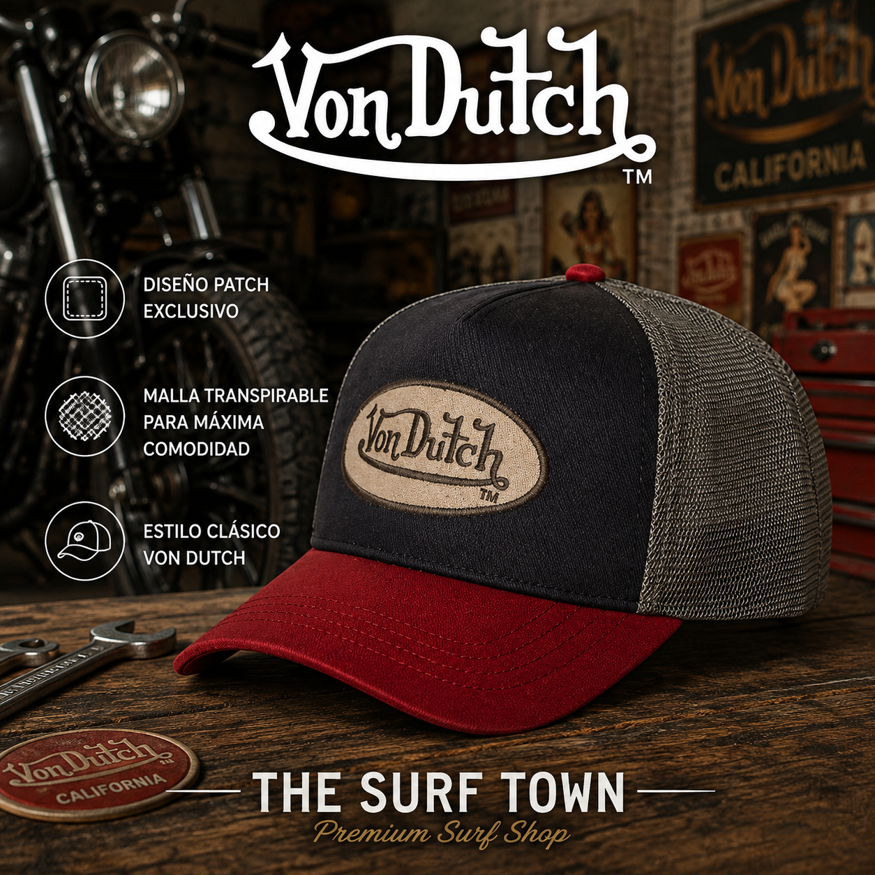 Gorra Von Dutch CB Terry 21 con visera roja y malla trasera - imagen editorial propia de THE SURF TOWN
