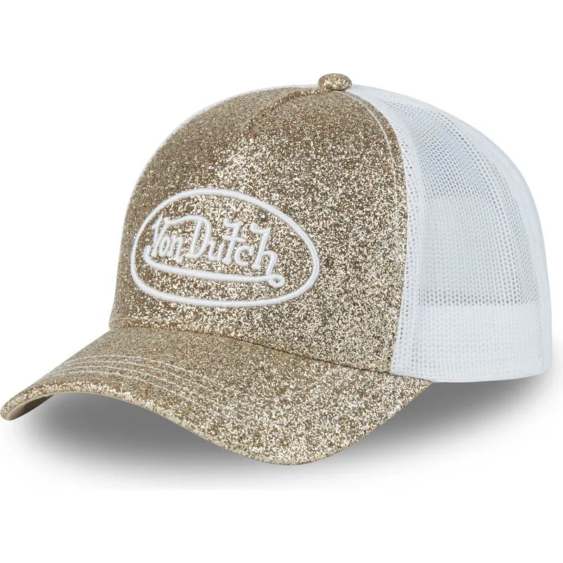 Gorra Von Dutch Clip trucker beige y blanca con malla trasera y logo frontal bordado