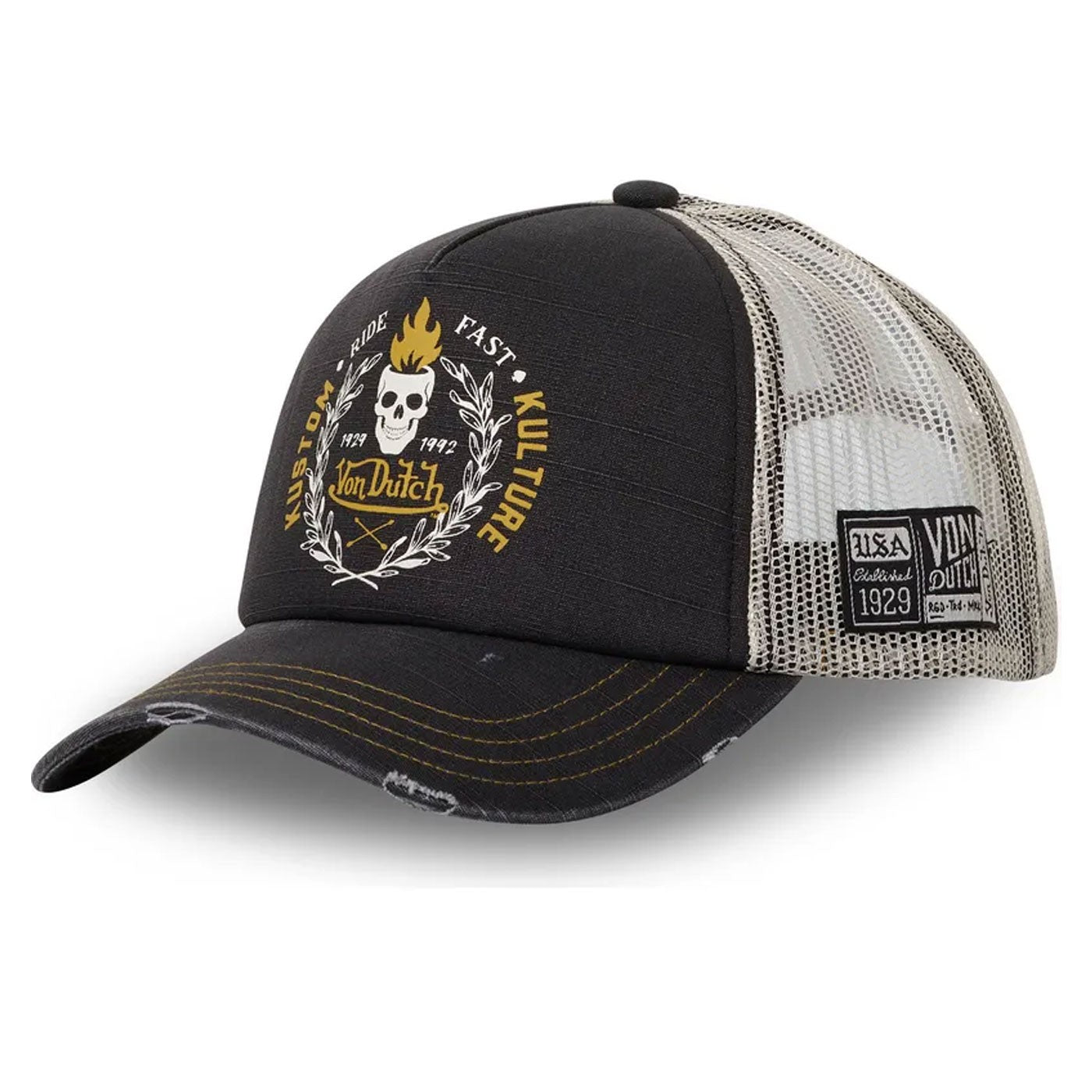 Gorra Von Dutch Crew 13 trucker con diseño vintage frontal, visera curva y malla trasera