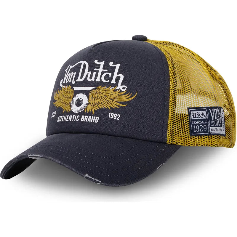 Gorra Von Dutch Crew 14 trucker negra y amarilla con diseño racing vintage, malla trasera y visera curva