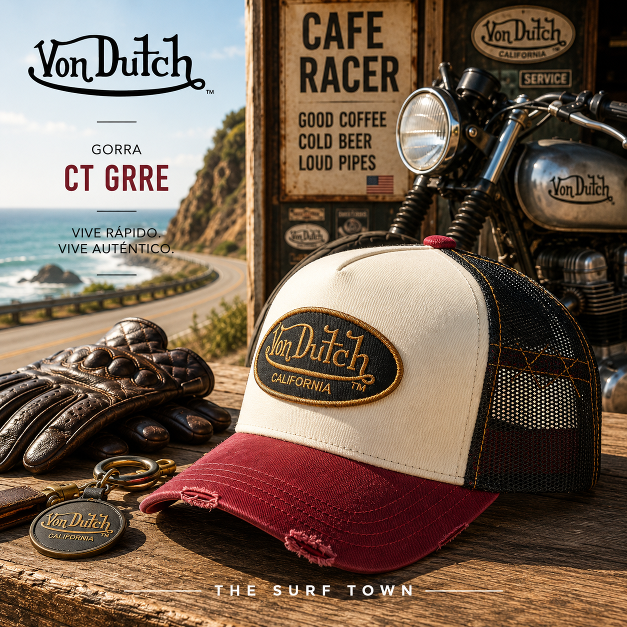 Gorra Von Dutch CT GRRE en fotografía editorial propia de THE SURF TOWN en ambiente cafe racer junto a moto clásica y carretera costera, estilo vintage California road trip con inspiración motera americana.