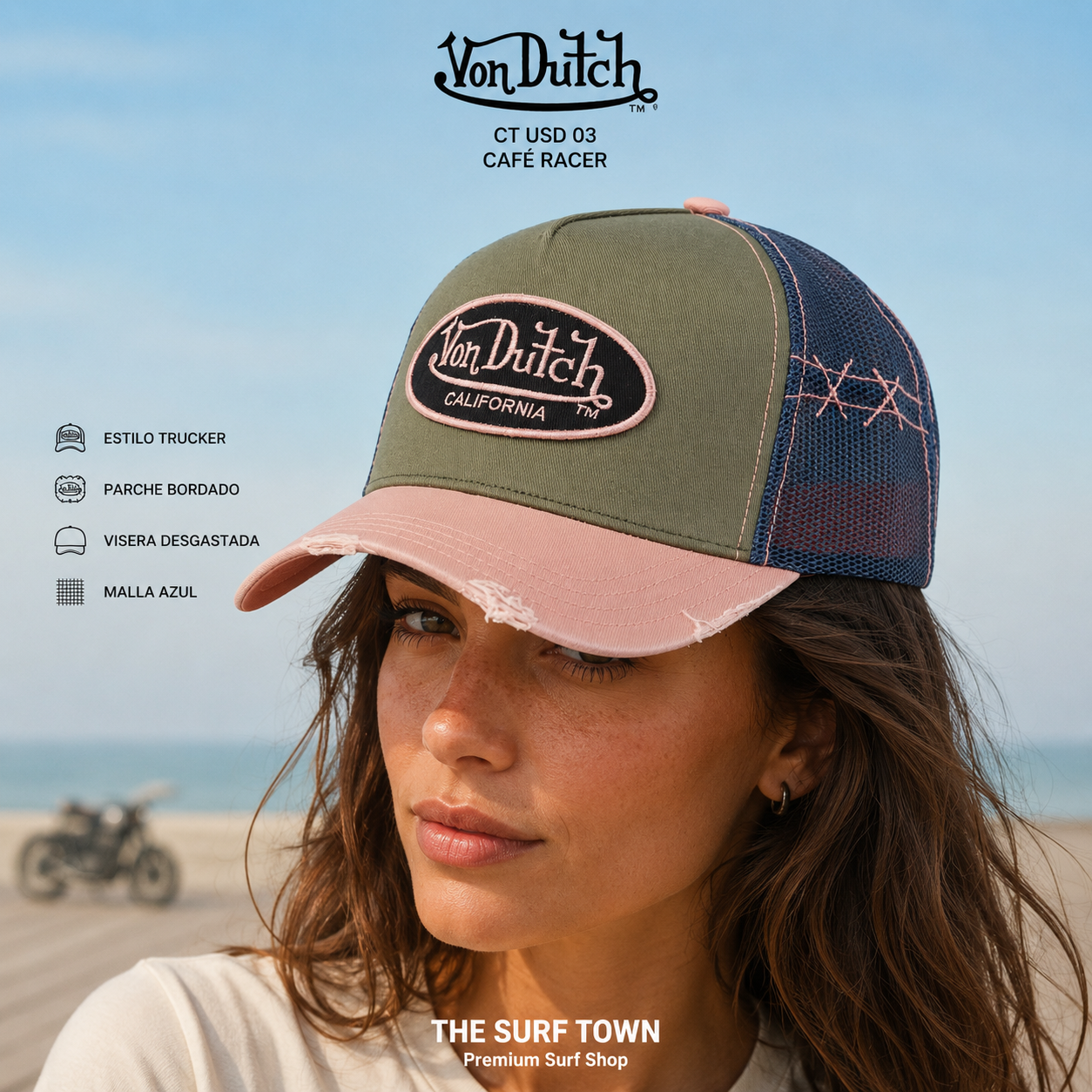 Mujer con Gorra Von Dutch CT USD 03 en una imagen editorial propia de THE SURF TOWN con estética café racer.