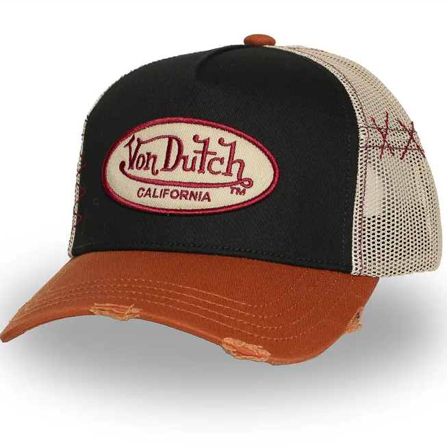 Gorra Von Dutch CT USED 09 II trucker con efecto desgastado, visera naranja y malla trasera beige