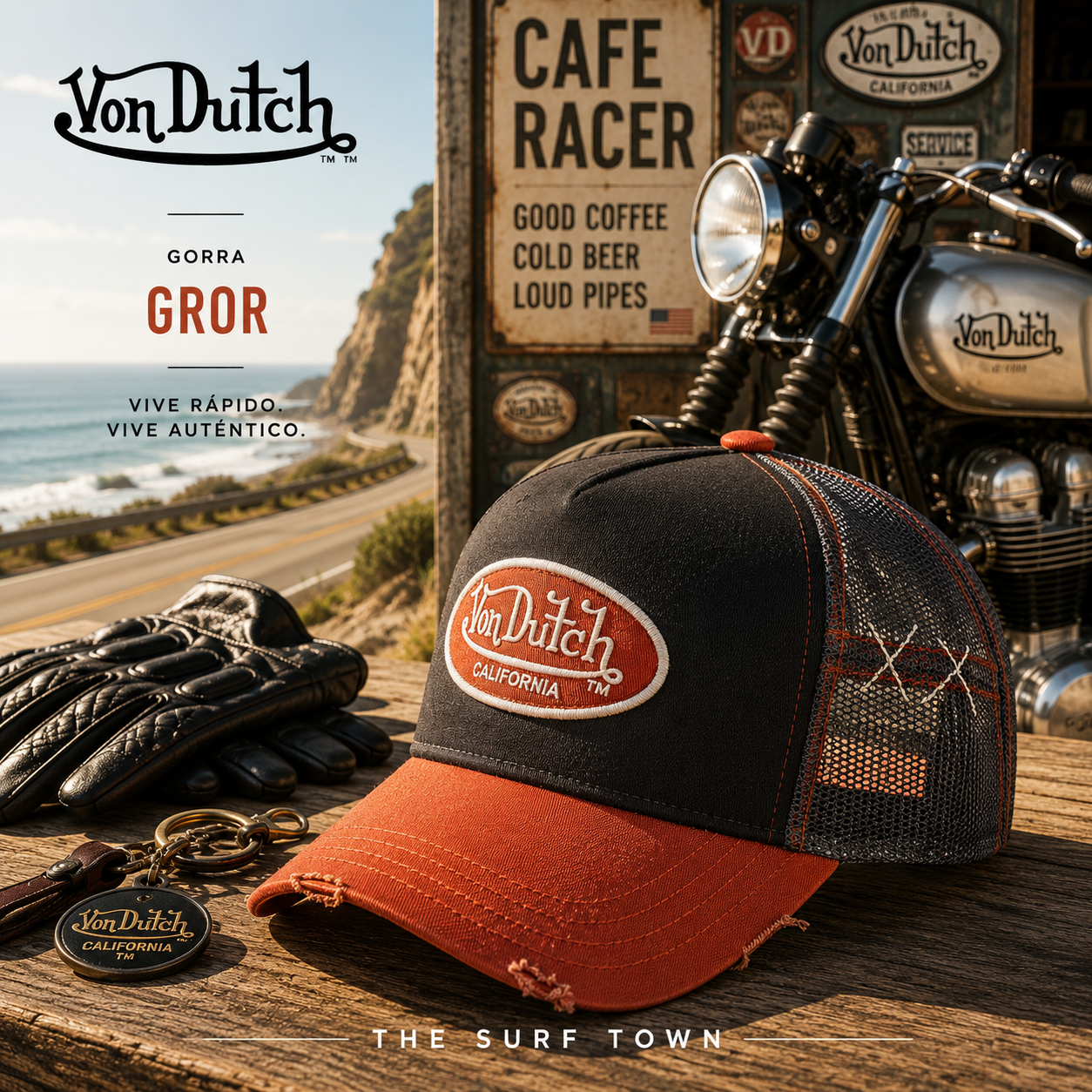 Gorra Von Dutch GROR en fotografía editorial propia de THE SURF TOWN en ambiente cafe racer junto a moto clásica y carretera costera, estilo vintage California road trip con inspiración motera americana.