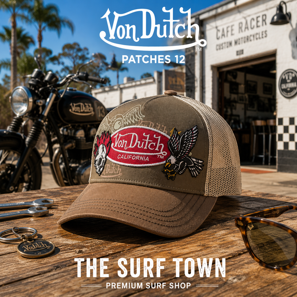 Gorra Von Dutch Patches 12 en una fotografía editorial exclusiva creada por THE SURF TOWN con estética café racer, moto custom y luz natural diurna, destacando el diseño bordado premium de la gorra.