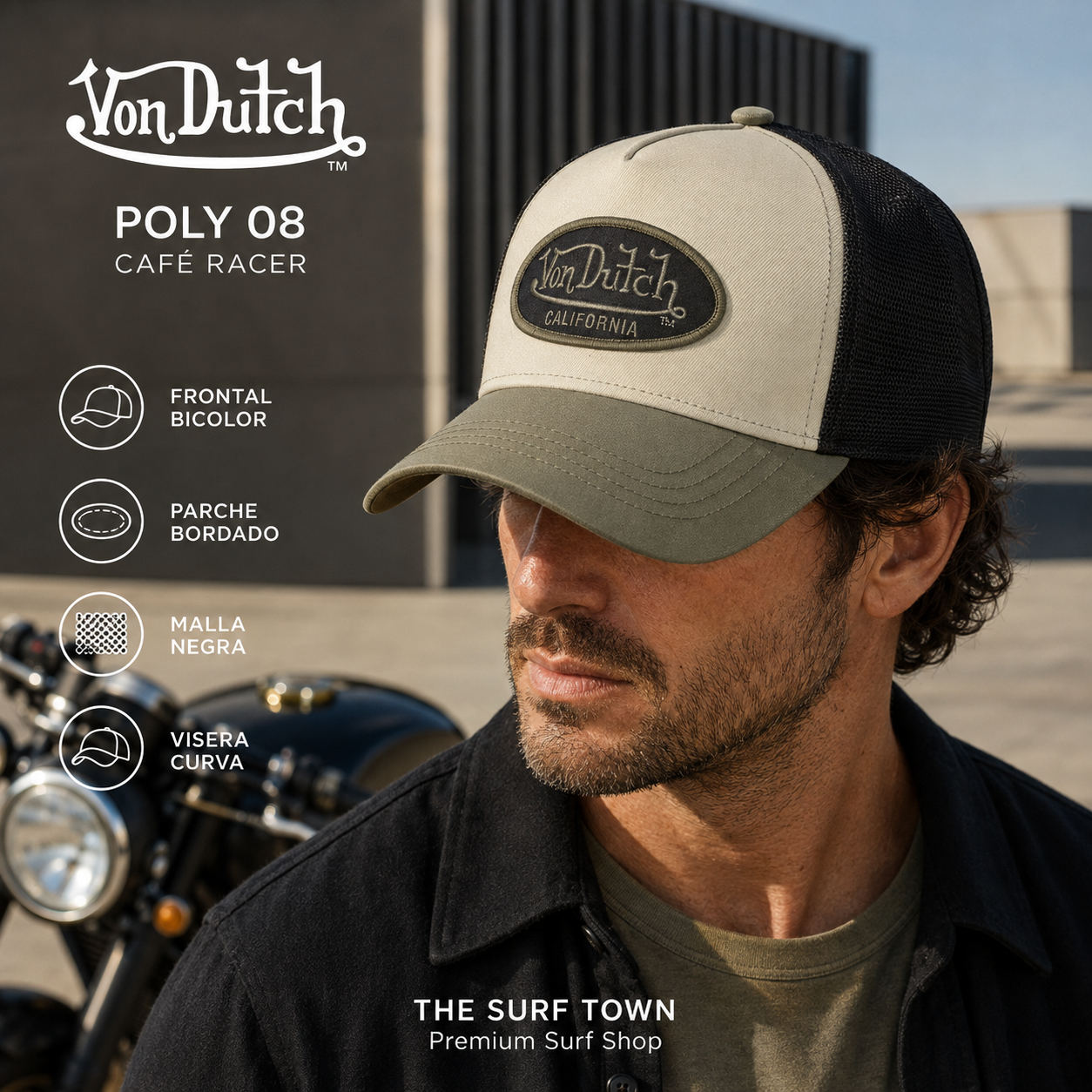 Gorra Von Dutch Poly 08 verde, crema y negra en escena café racer, imagen editorial propia de THE SURF TOWN