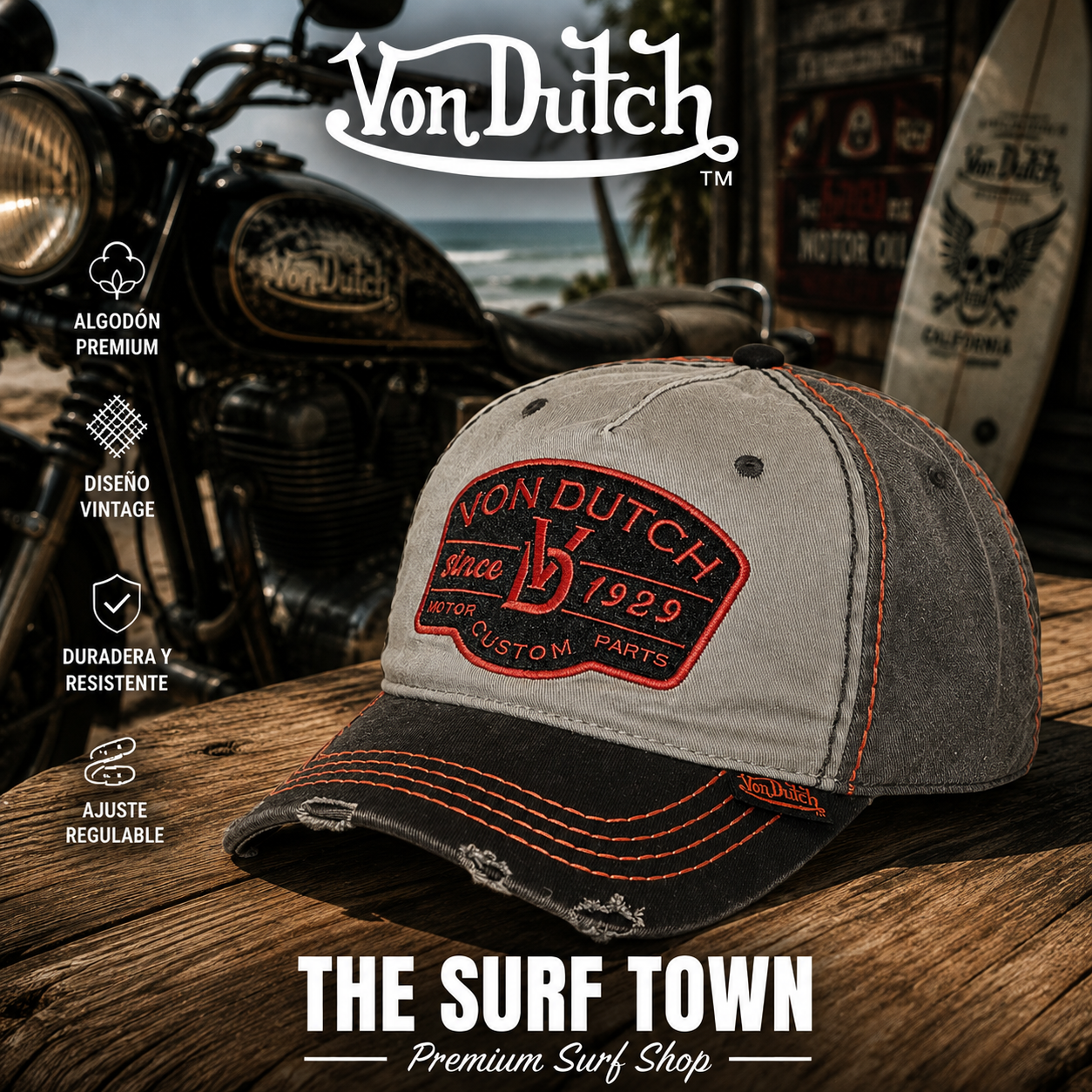 Gorra Von Dutch Retro 16 gris y negra con parche bordado vintage, imagen editorial propia de THE SURF TOWN inspirada en la cultura Kustom, el surf y las motos café racer.