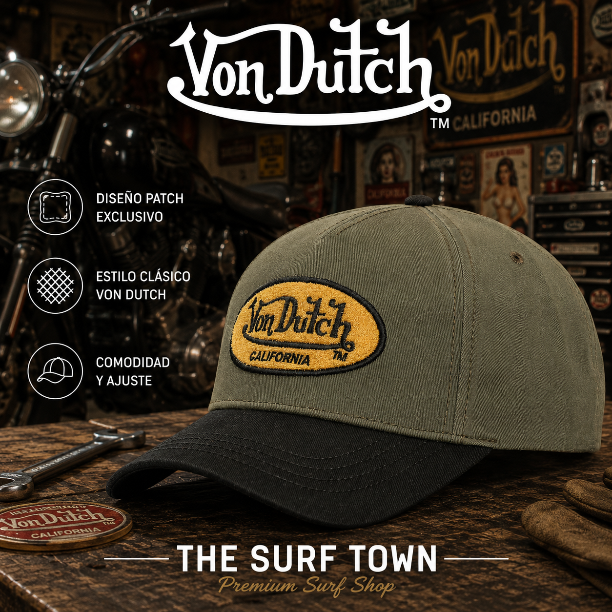 Gorra Von Dutch Terry FK verde oliva y negra con parche California - imagen editorial propia de THE SURF TOWN