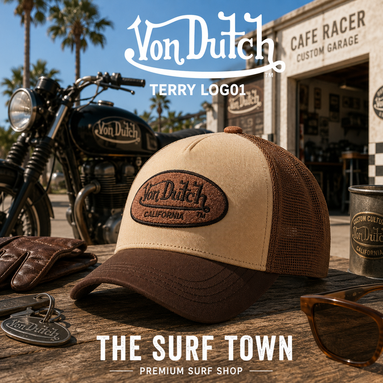 Gorra Von Dutch Terry Log01 en una fotografía editorial exclusiva creada por THE SURF TOWN con estética café racer, moto custom y luz natural diurna, destacando el parche bordado Von Dutch, el diseño trucker premium y los tonos beige y marrón.