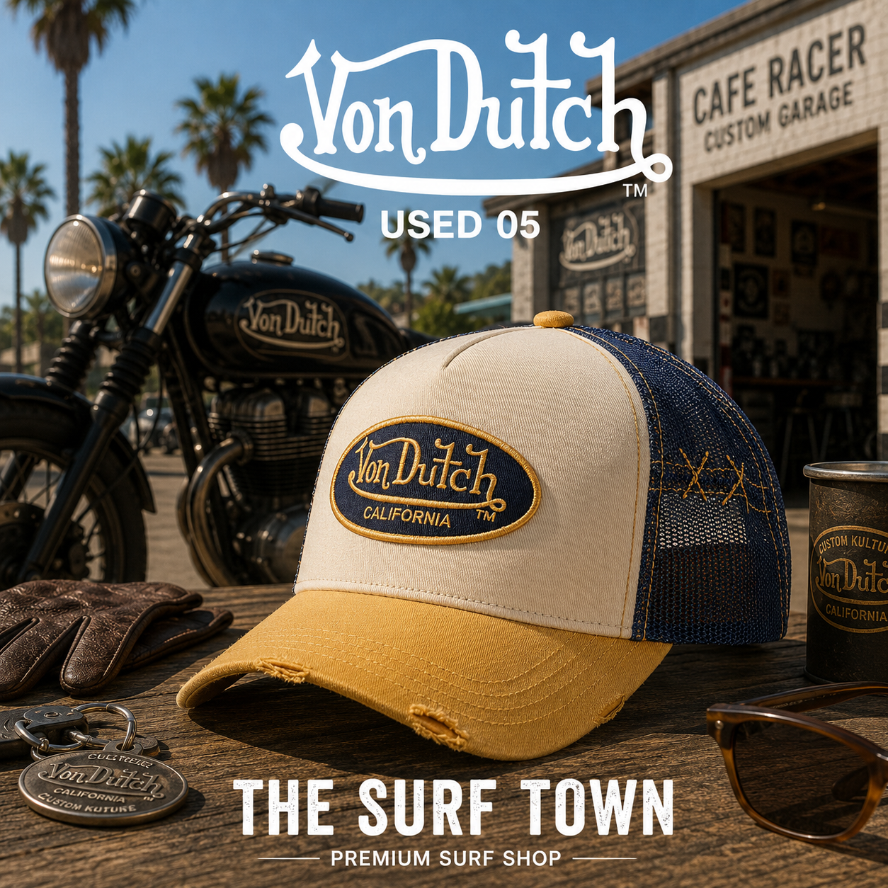 Gorra Von Dutch Used 05 en una fotografía editorial exclusiva creada por THE SURF TOWN con estética café racer, moto custom y luz natural diurna, destacando el parche bordado Von Dutch, el diseño trucker premium y la combinación de beige, azul marino y amarillo mostaza.