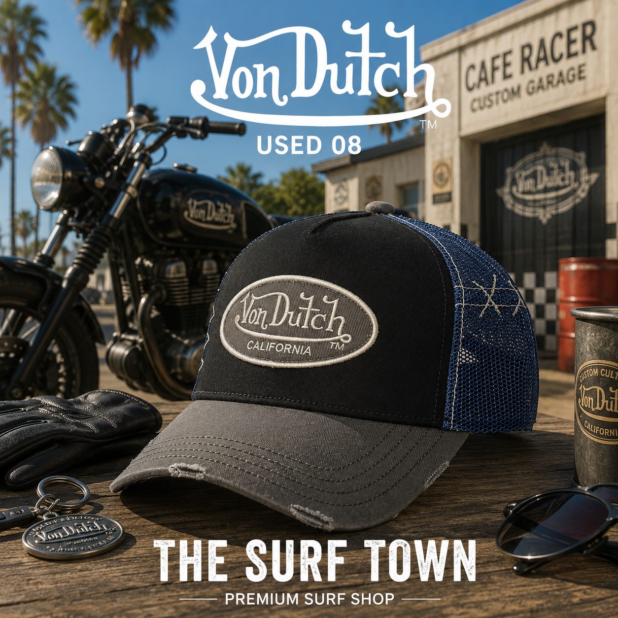 Gorra Von Dutch Used 08 en una fotografía editorial exclusiva creada por THE SURF TOWN con estética café racer, moto custom y luz natural diurna, destacando el parche bordado Von Dutch, el diseño trucker premium y la combinación de negro, gris y azul.
