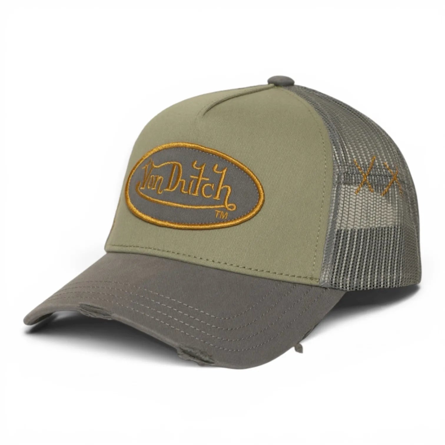 gorra von dutch used 15 de color verde militar con rejilla y visera gris y bordado en tono dorado en la parte delantera