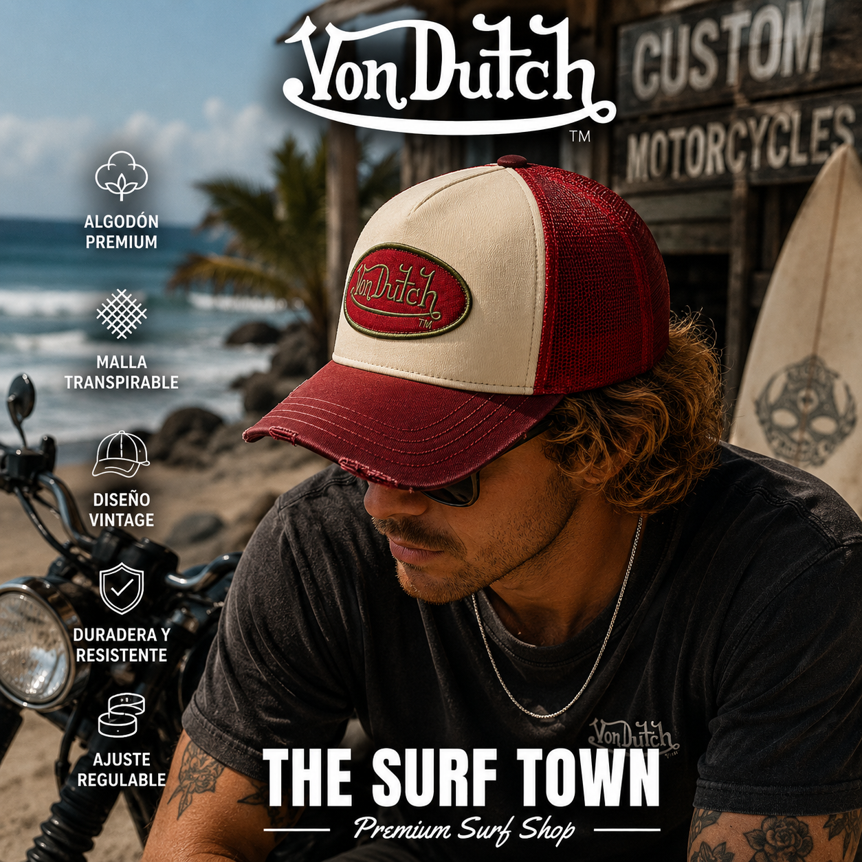Gorra Von Dutch Used 16 beige y burdeos con parche bordado, imagen editorial propia de THE SURF TOWN inspirada en el universo surf y café racer.