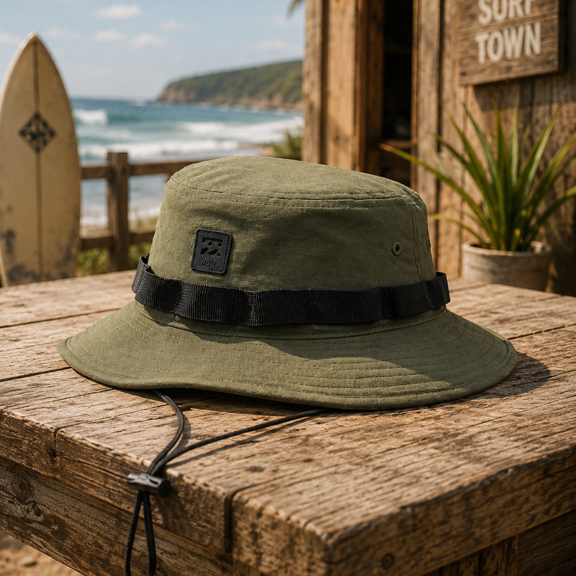 Gorro Billabong bucket hat militar hombre estilo surf lifestyle sobre mesa de madera frente al mar